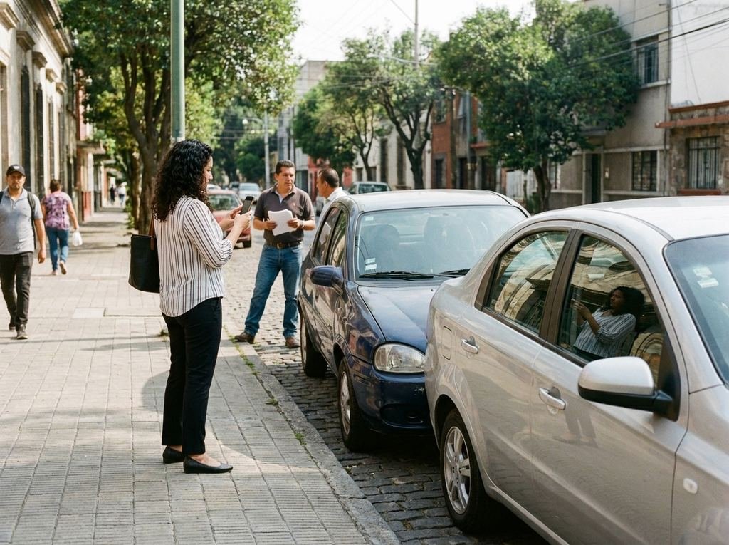 Mujer sacando fotos con el celular a un choque leve entre dos autos