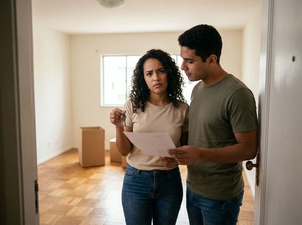 Pareja joven en la puerta de un apartamento con las llaves y el contrato de alquiler