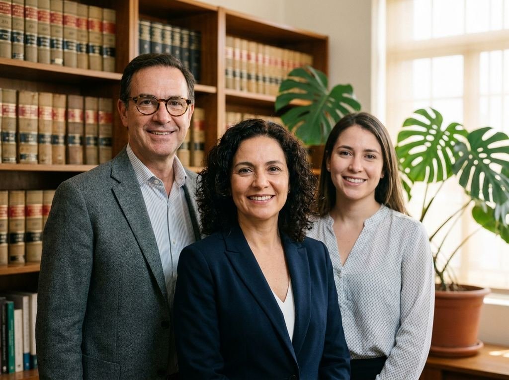 Los tres abogados del estudio, de pie frente a la biblioteca