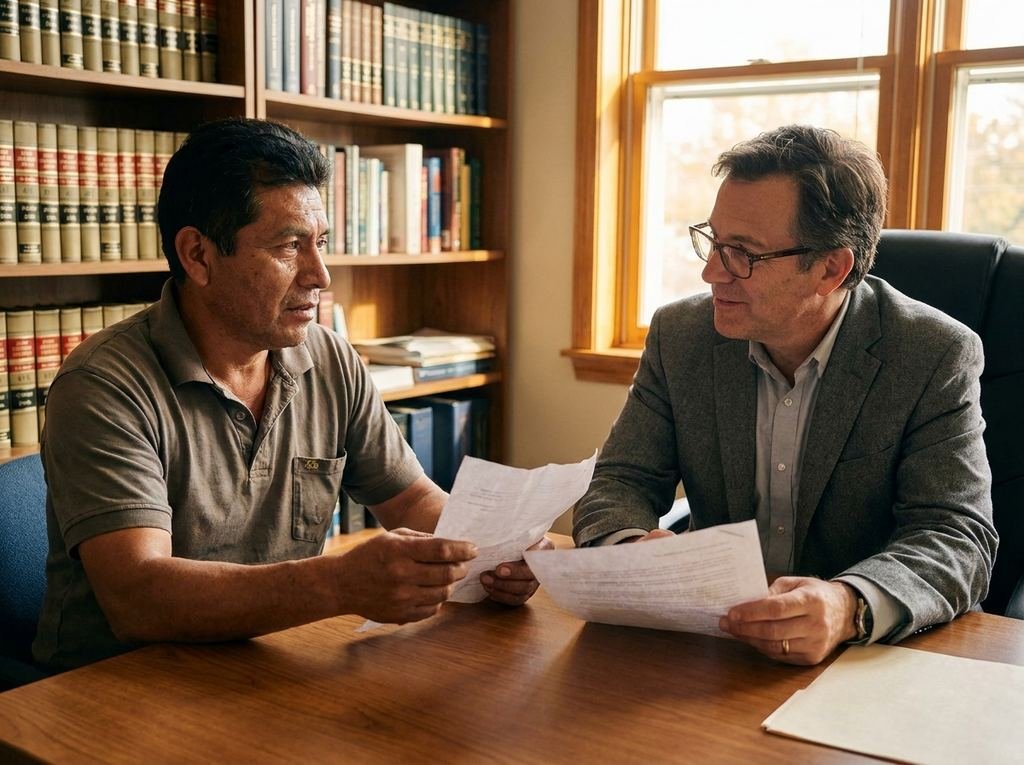 Trabajador mostrándole sus recibos de sueldo y la carta de despido a un abogado