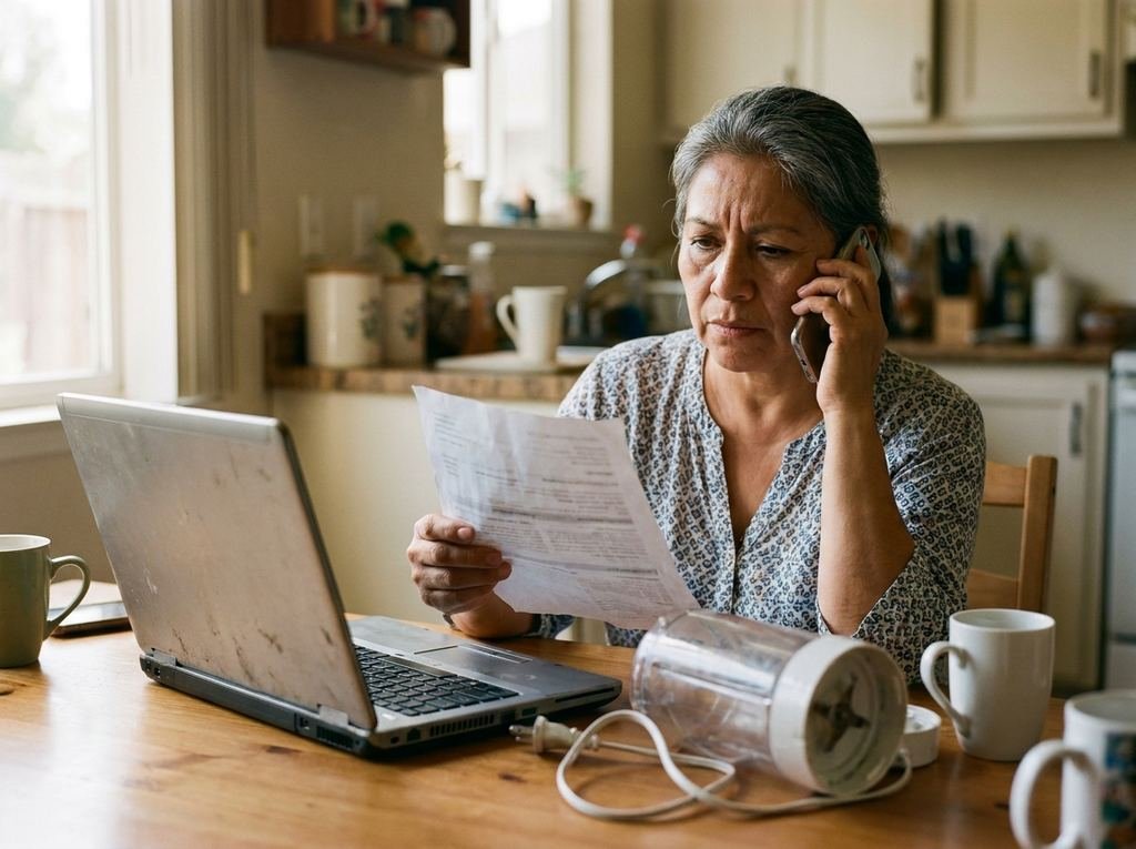 Señora en su cocina con una factura en la mano, hablando por teléfono con una empresa
