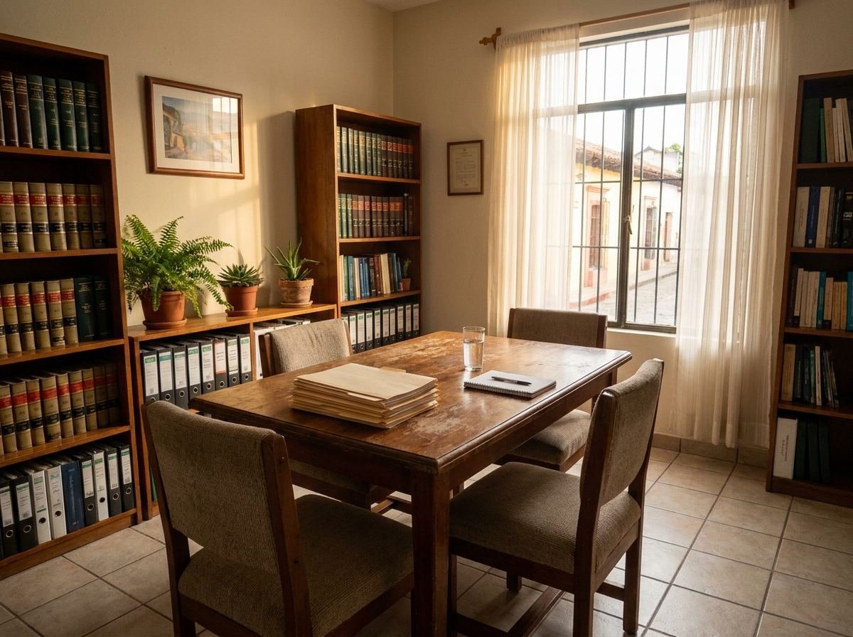 Sala de reuniones del estudio, con mesa de madera, carpetas y biblioteca